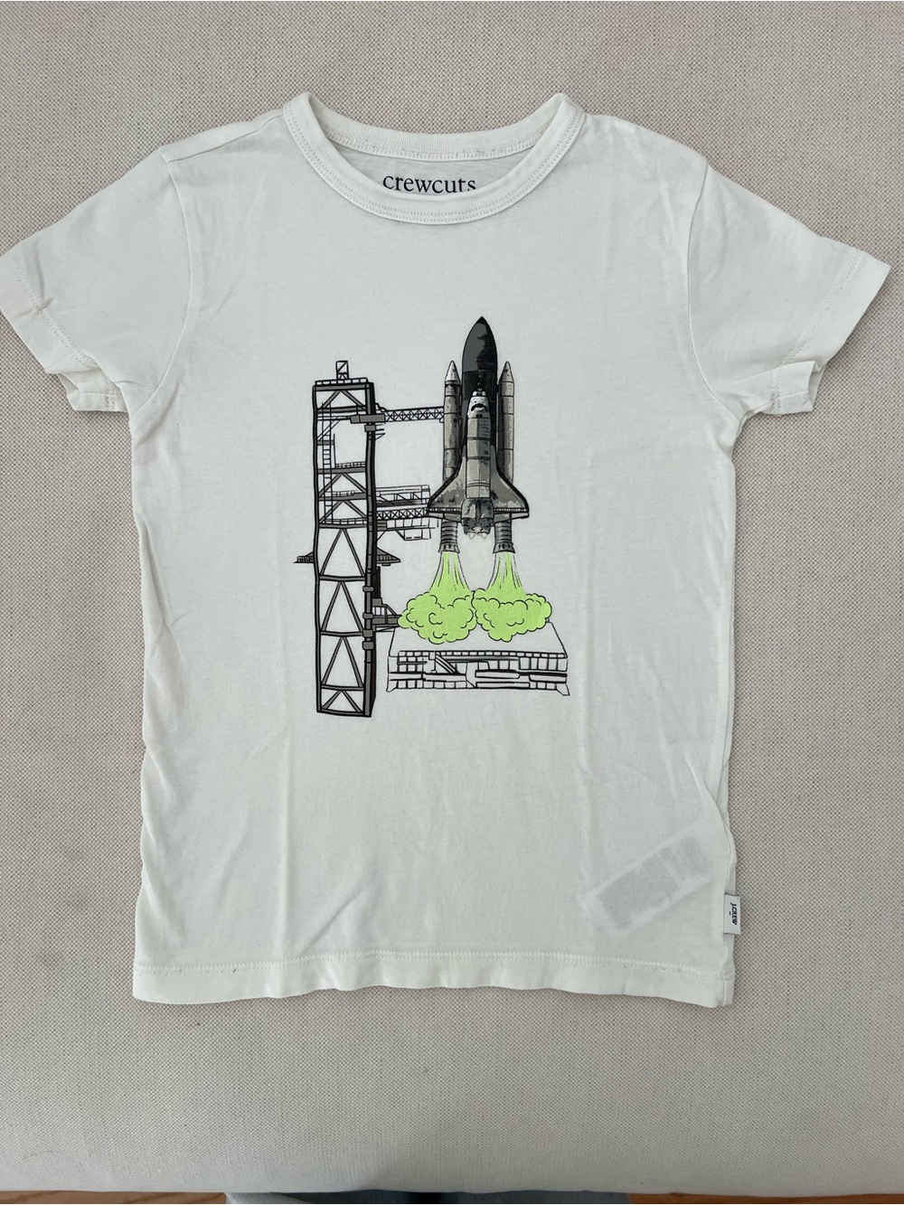 Crewcuts White Kids Rocket Launch Graphic Tee with Neon Green Detail